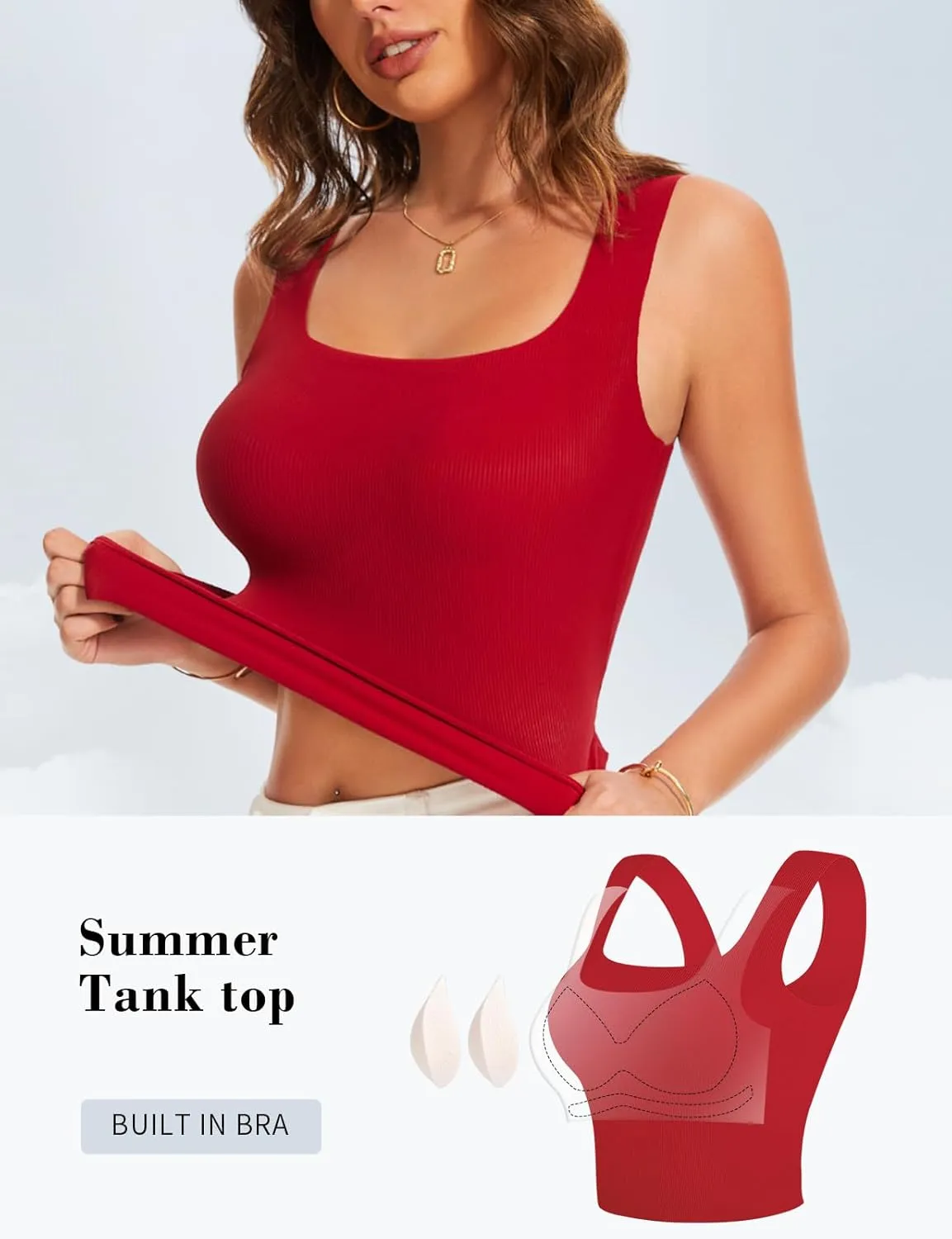Women's Square Neck Seamless Tank Top with Built in Bras Sleeveless Cropped Tops