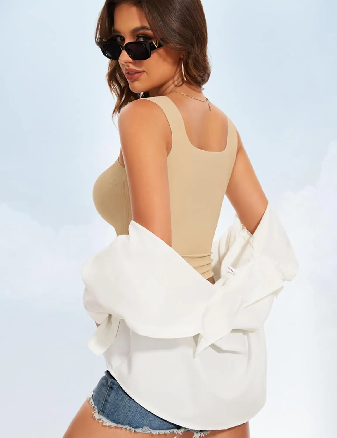 Women's Square Neck Seamless Tank Top with Built in Bras Sleeveless Cropped Tops
