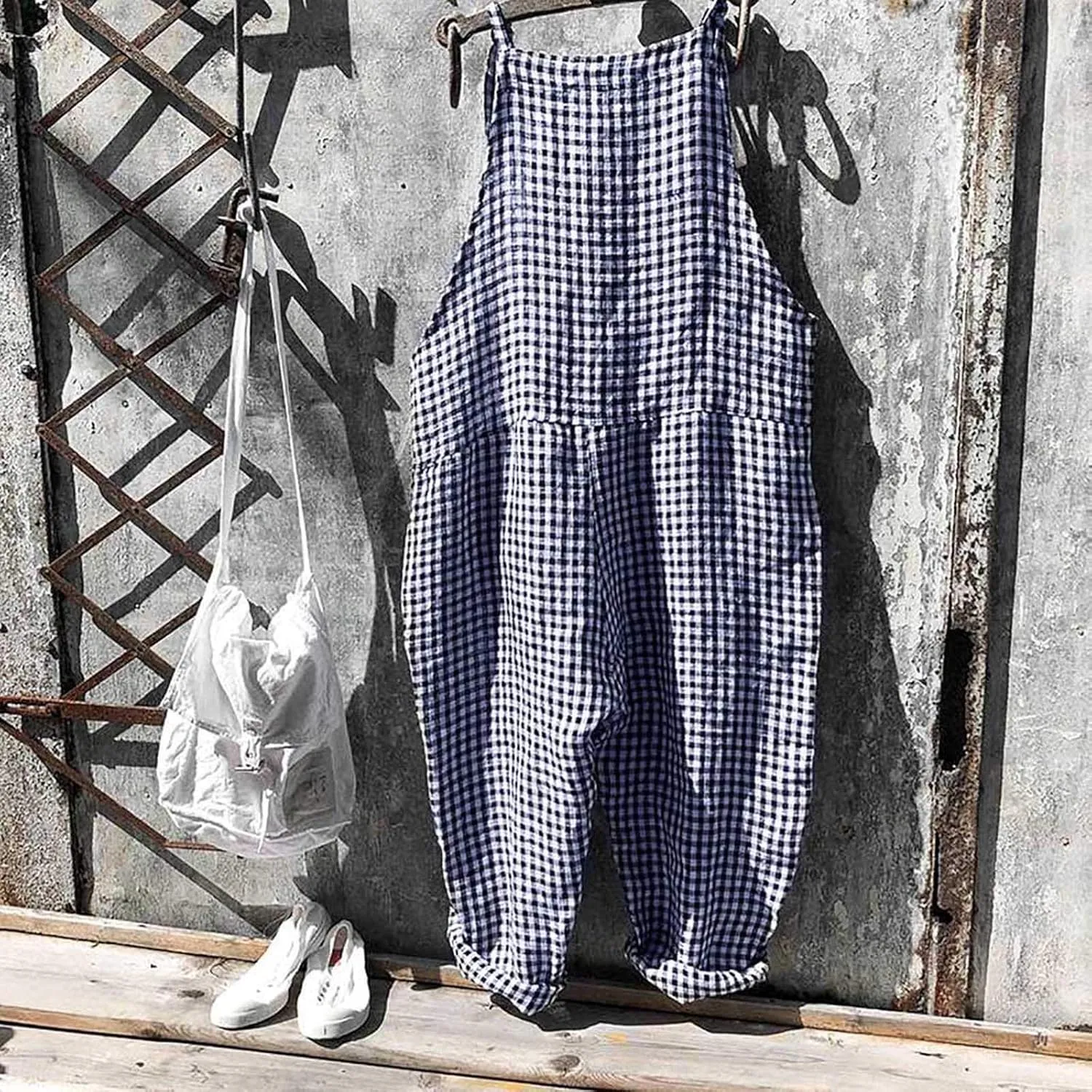 Womens Striped Plaid Jumpsuit Summer Overalls Big Pockets Plus Size Baggy Casual Romper 2024 Trend Outdoor Versatile Playsuit