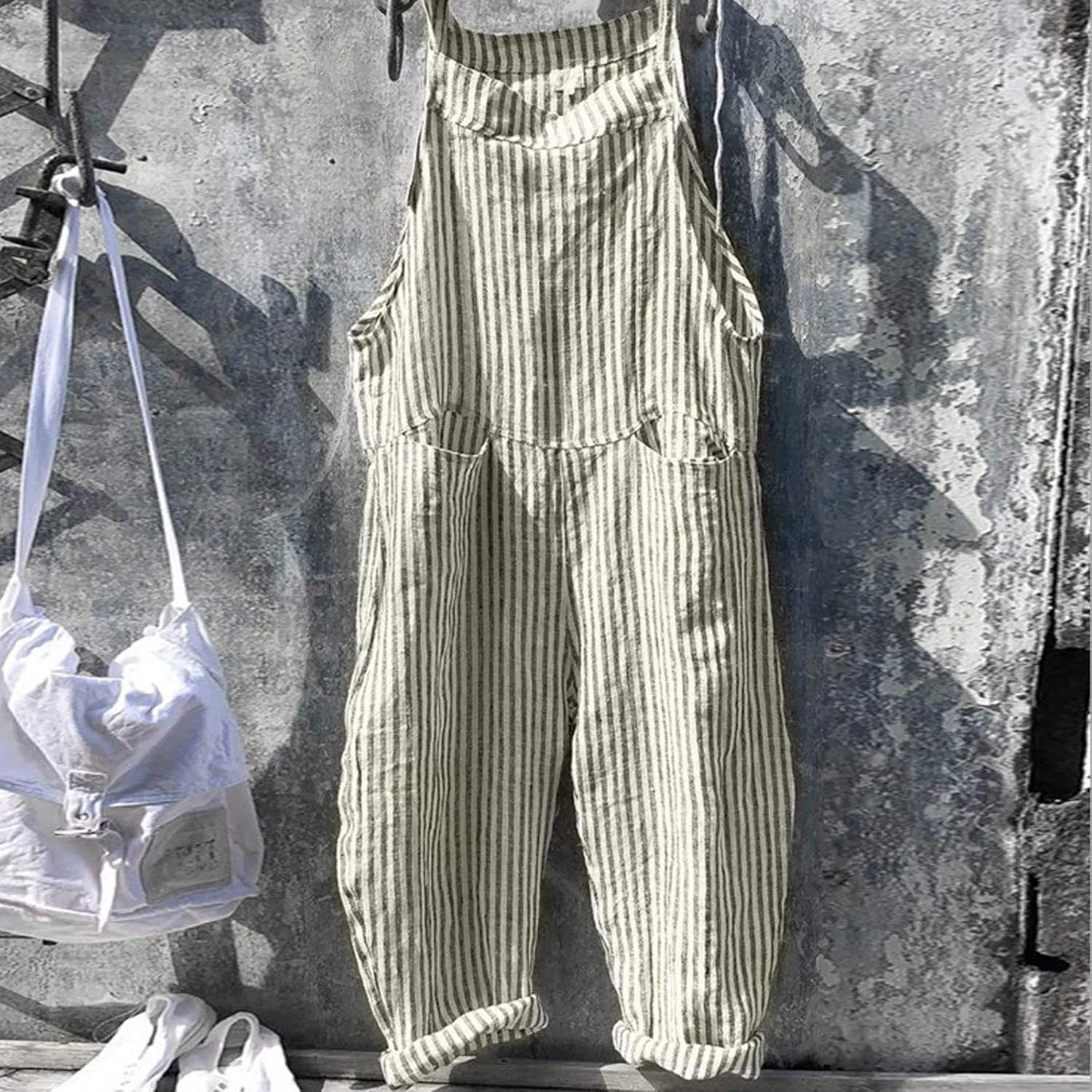 Womens Striped Plaid Jumpsuit Summer Overalls Big Pockets Plus Size Baggy Casual Romper 2024 Trend Outdoor Versatile Playsuit