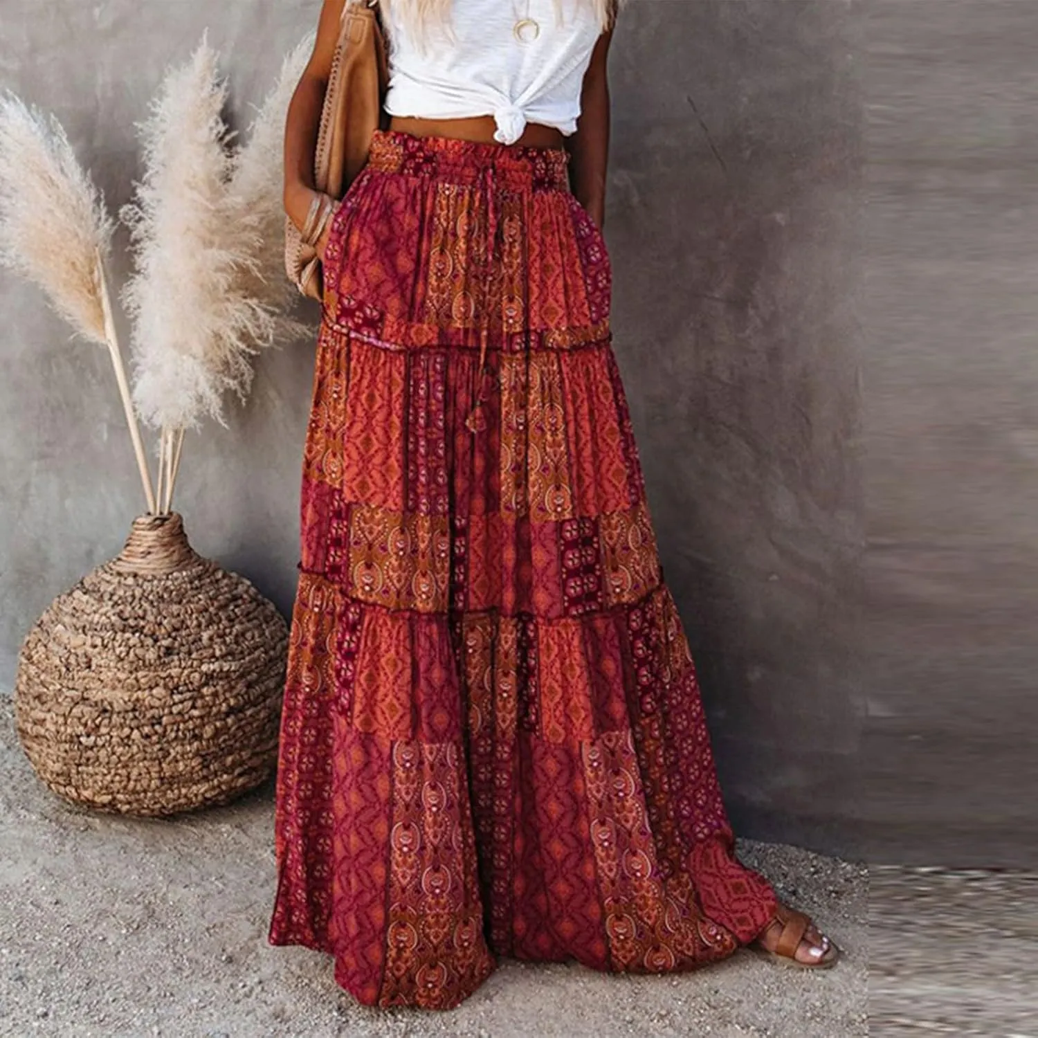Womens Summer Boho Flowy Swing Tiered A-Line Midi Skirt 2025 Fashion Trendy Elastic Waist Pleated Long Beach Dress
