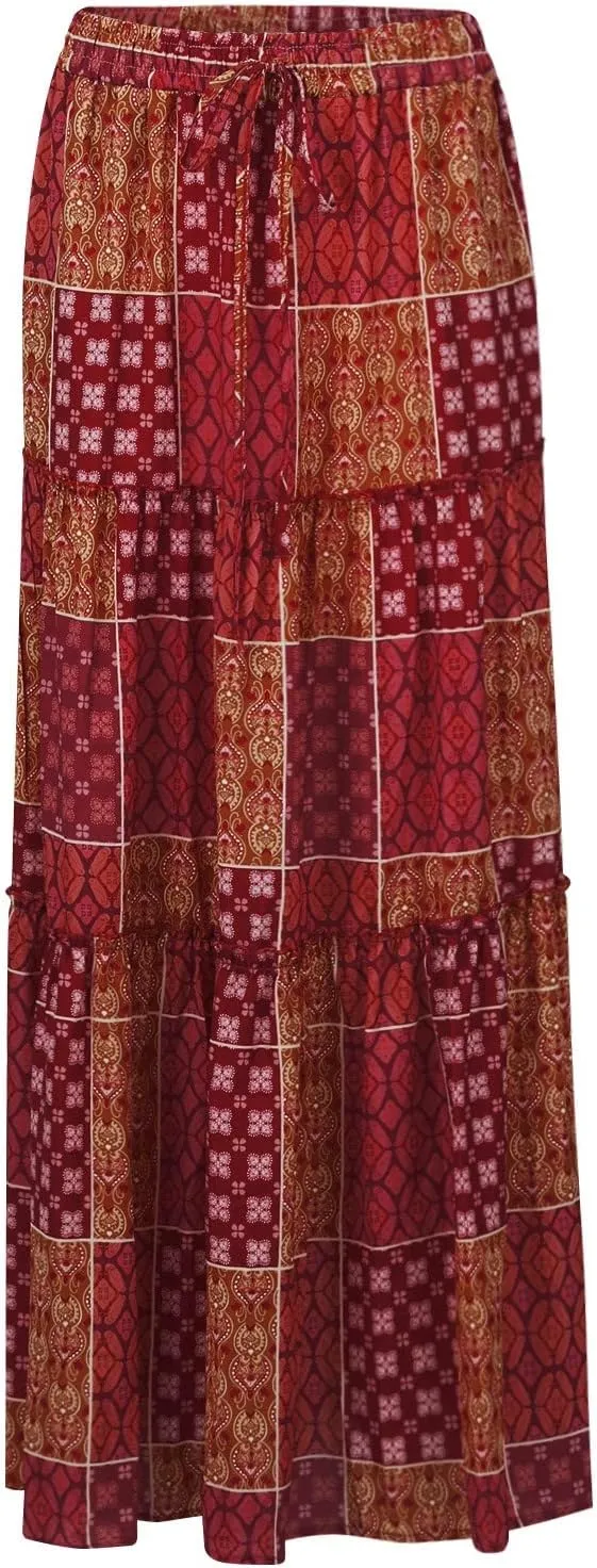 Womens Summer Boho Flowy Swing Tiered A-Line Midi Skirt 2025 Fashion Trendy Elastic Waist Pleated Long Beach Dress