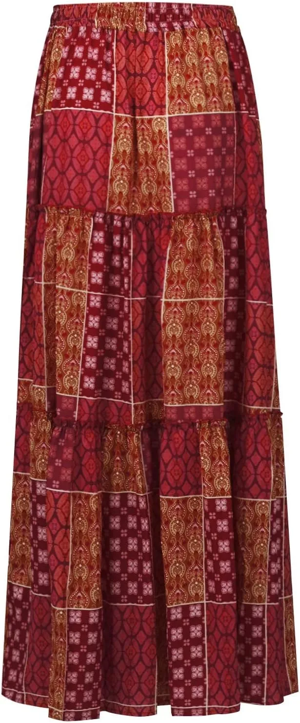 Womens Summer Boho Flowy Swing Tiered A-Line Midi Skirt 2025 Fashion Trendy Elastic Waist Pleated Long Beach Dress