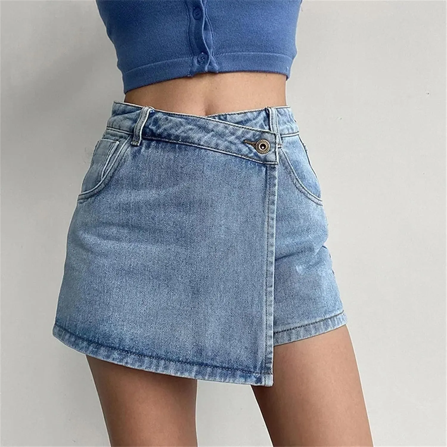 Womens Summer High Waisted Slimming Mini Denim Skirt Versatile Fashion Irregular A Line Jeans Shorts