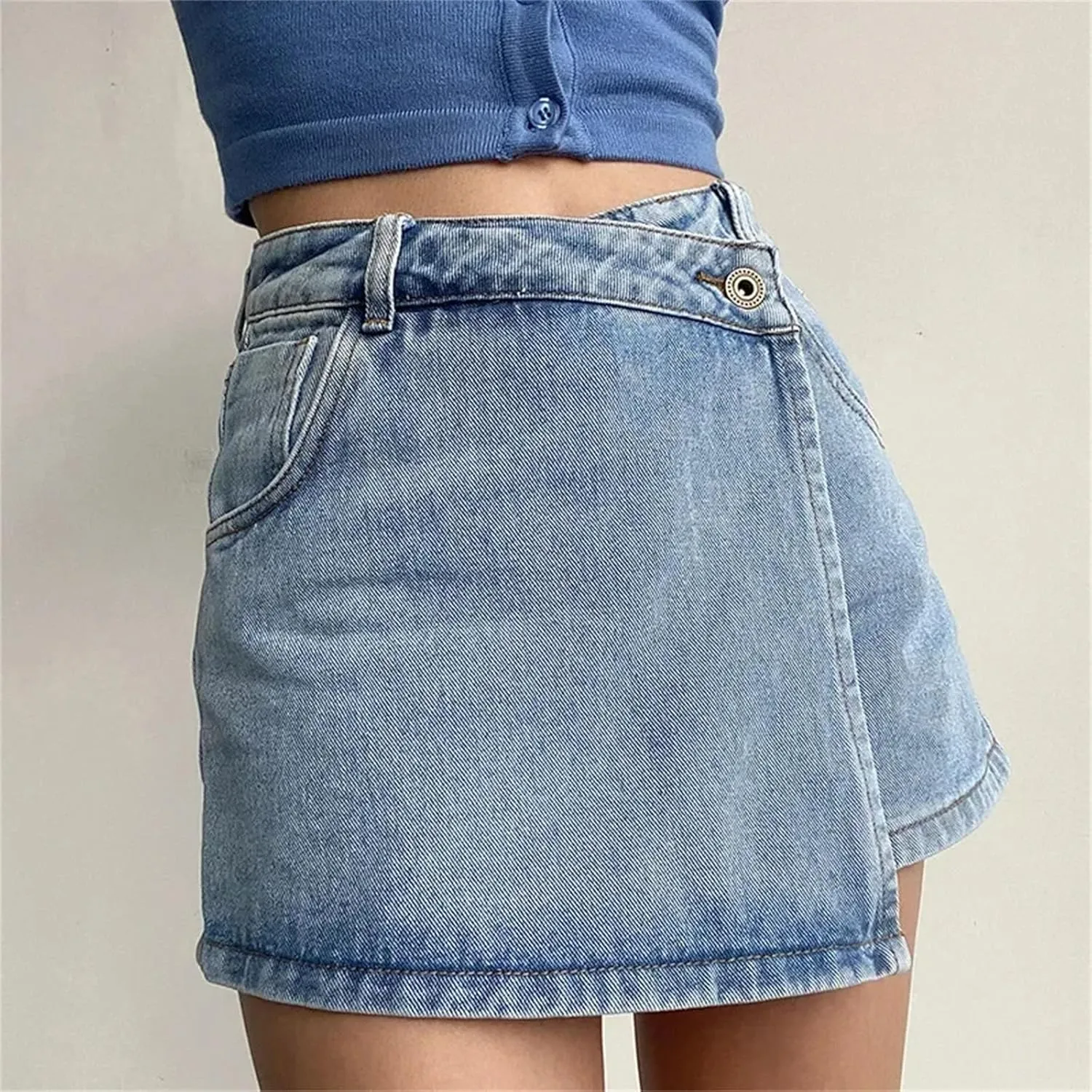 Womens Summer High Waisted Slimming Mini Denim Skirt Versatile Fashion Irregular A Line Jeans Shorts