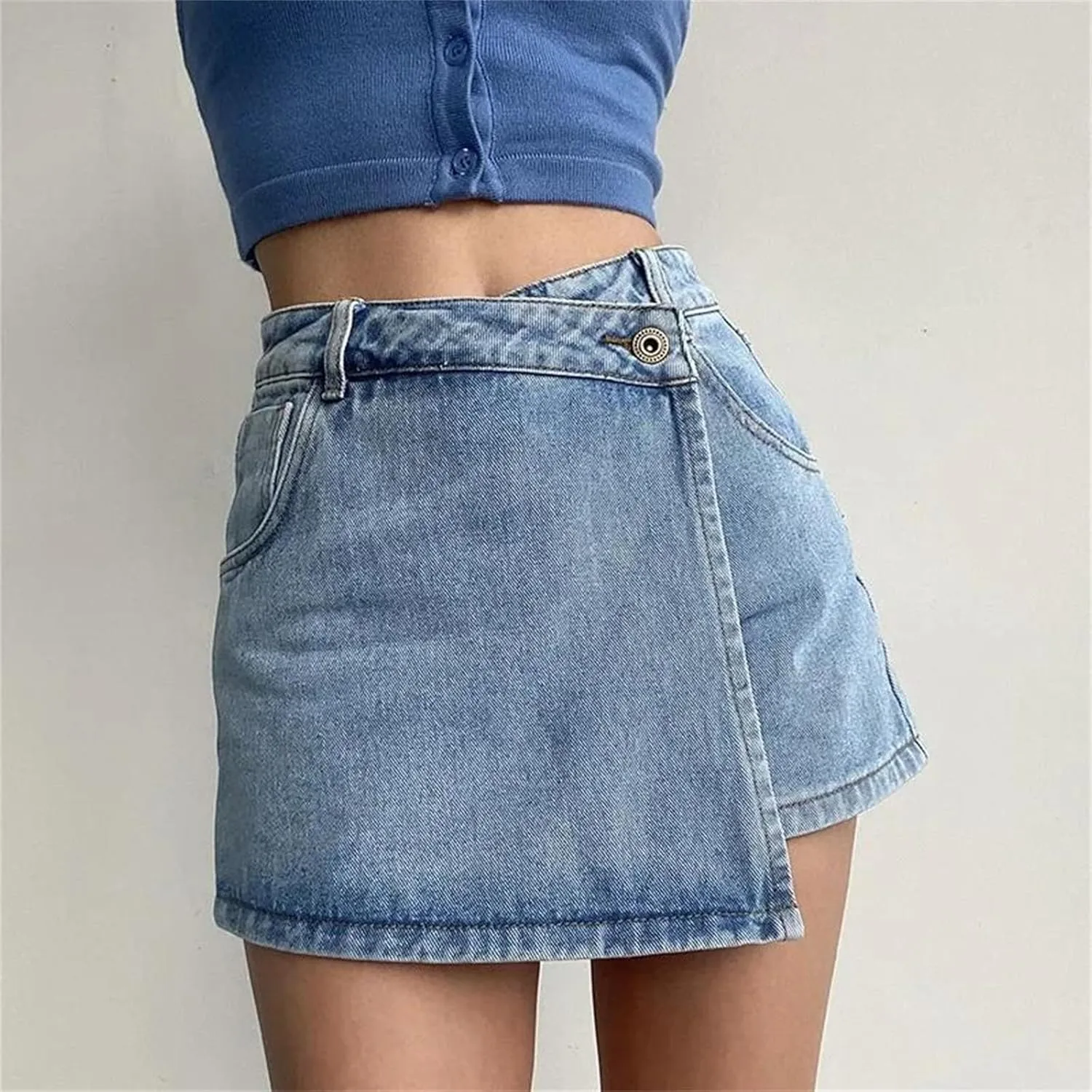 Womens Summer High Waisted Slimming Mini Denim Skirt Versatile Fashion Irregular A Line Jeans Shorts