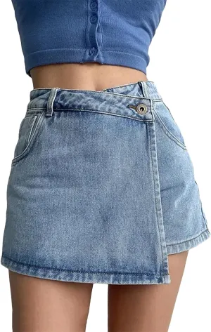 Womens Summer High Waisted Slimming Mini Denim Skirt Versatile Fashion Irregular A Line Jeans Shorts