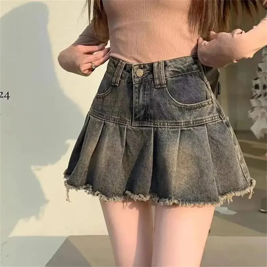 Women's Summer Mini Dress Plenty Wrinkles Fringe Design Slimming High-Waisted Denim Skirt