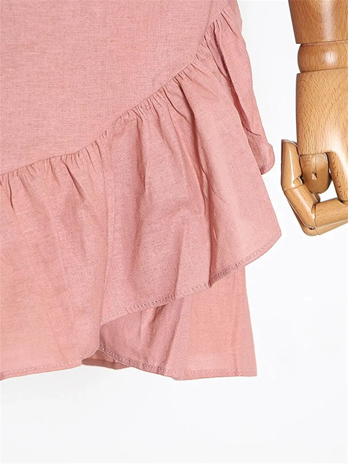 Women's Summer Ruffle Trim Mini Dresses Round Neck Petal Sleeve High Waist Dress