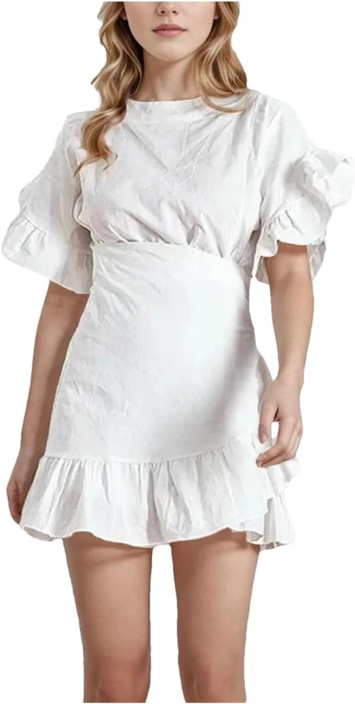 Women's Summer Ruffle Trim Mini Dresses Round Neck Petal Sleeve High Waist Dress