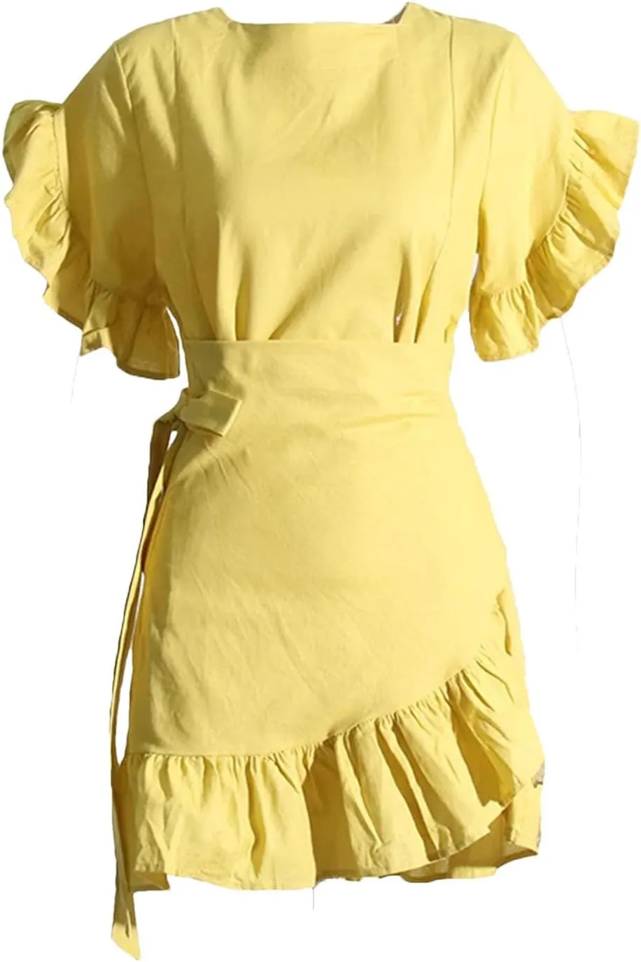 Women's Summer Ruffle Trim Mini Dresses Round Neck Petal Sleeve High Waist Dress