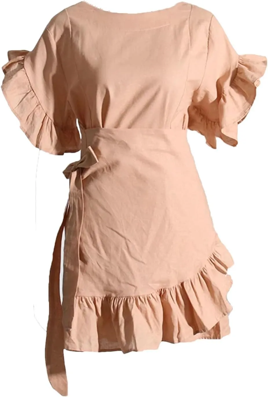 Women's Summer Ruffle Trim Mini Dresses Round Neck Petal Sleeve High Waist Dress