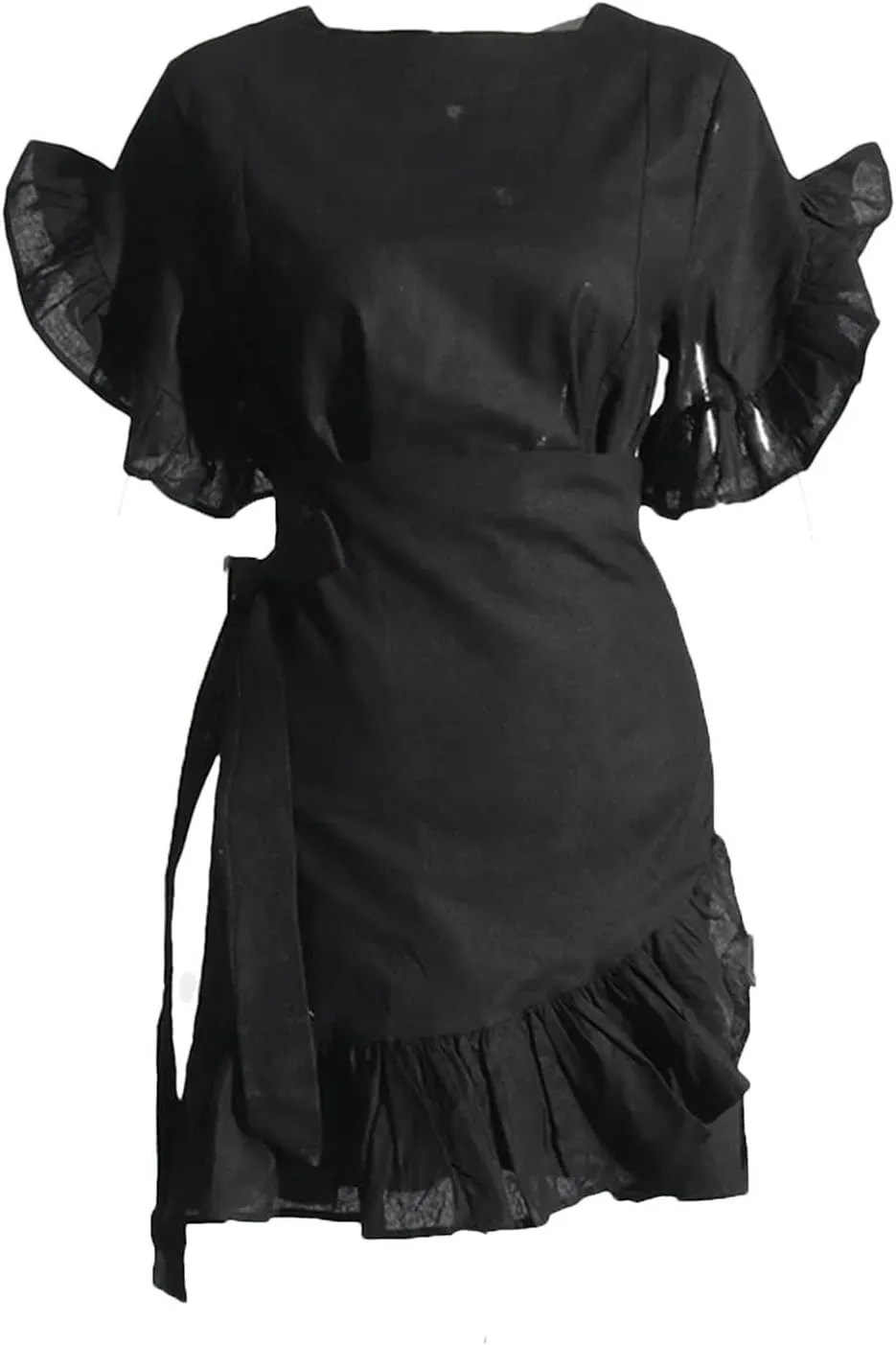 Women's Summer Ruffle Trim Mini Dresses Round Neck Petal Sleeve High Waist Dress