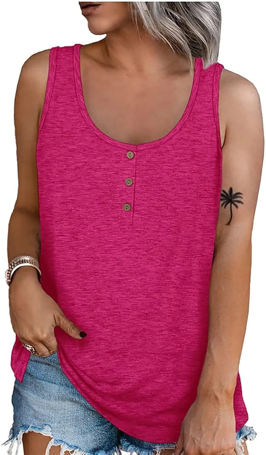 Womens Summer Tops 2023 Sleeveless Henley T-Shirts Tops Casual Button Down Tunics Holiday Going Out Tank Top Tee