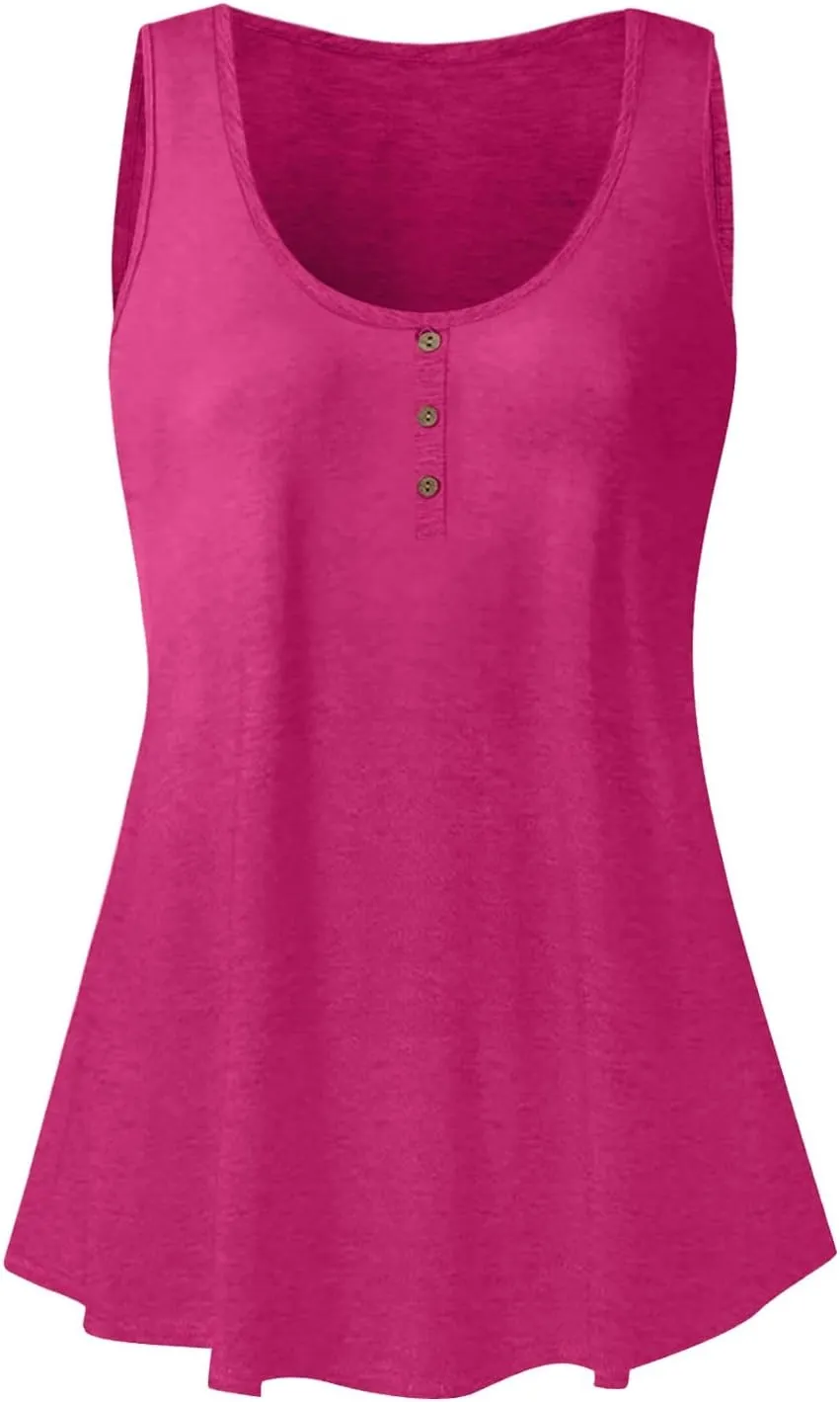 Womens Summer Tops 2023 Sleeveless Henley T-Shirts Tops Casual Button Down Tunics Holiday Going Out Tank Top Tee