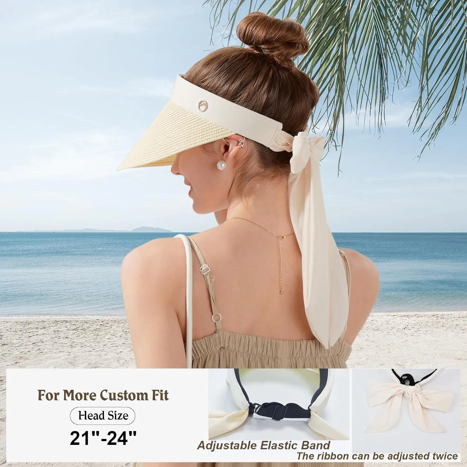 Women's Sun Visor Hats Wide Brim Straw Beach Hat Ponytail Hats for Women Foldable Floppy