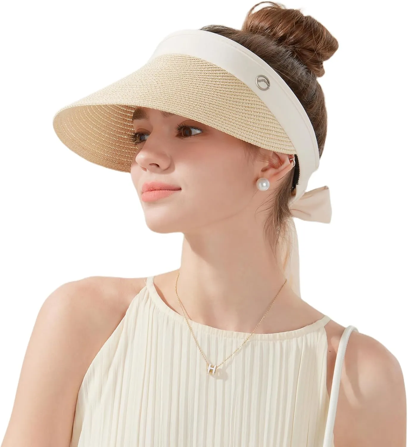 Women's Sun Visor Hats Wide Brim Straw Beach Hat Ponytail Hats for Women Foldable Floppy