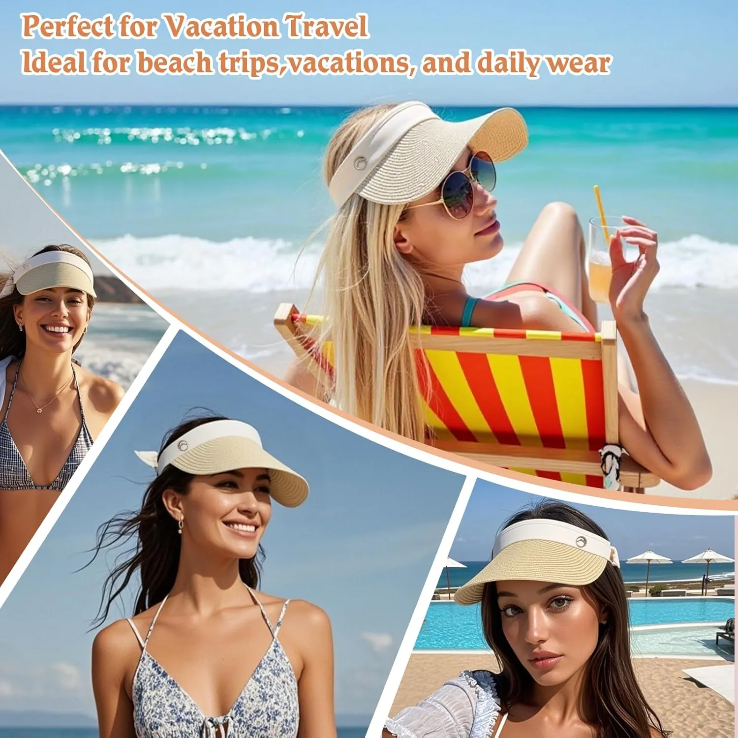 Women's Sun Visor Hats Wide Brim Straw Beach Hat Ponytail Hats for Women Foldable Floppy