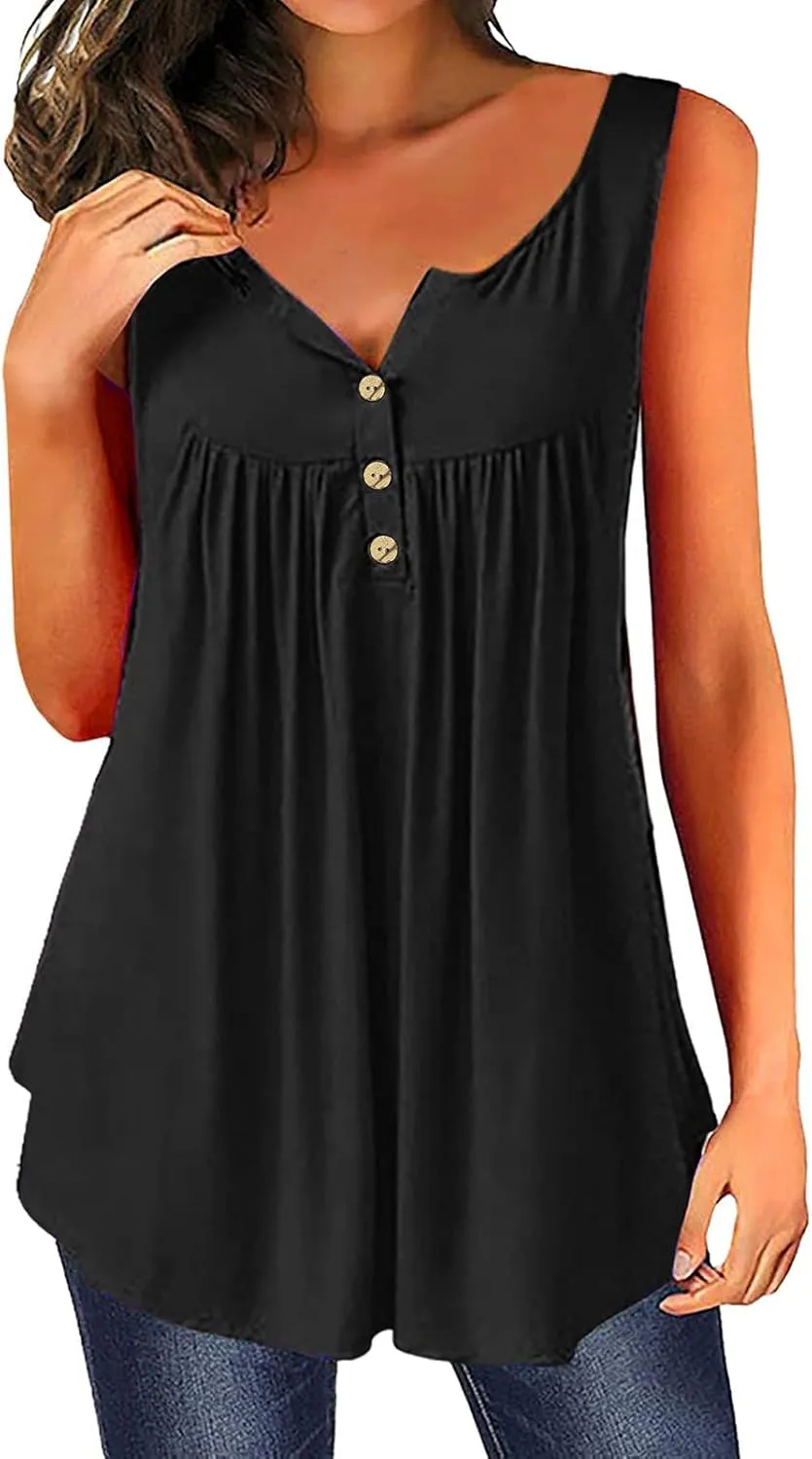 Womens Tank Tops Summer Sleeveless V Neck Vest Casual Button Up Henley Shirts Hide Belly Tunic Pleated Flowy Blouse