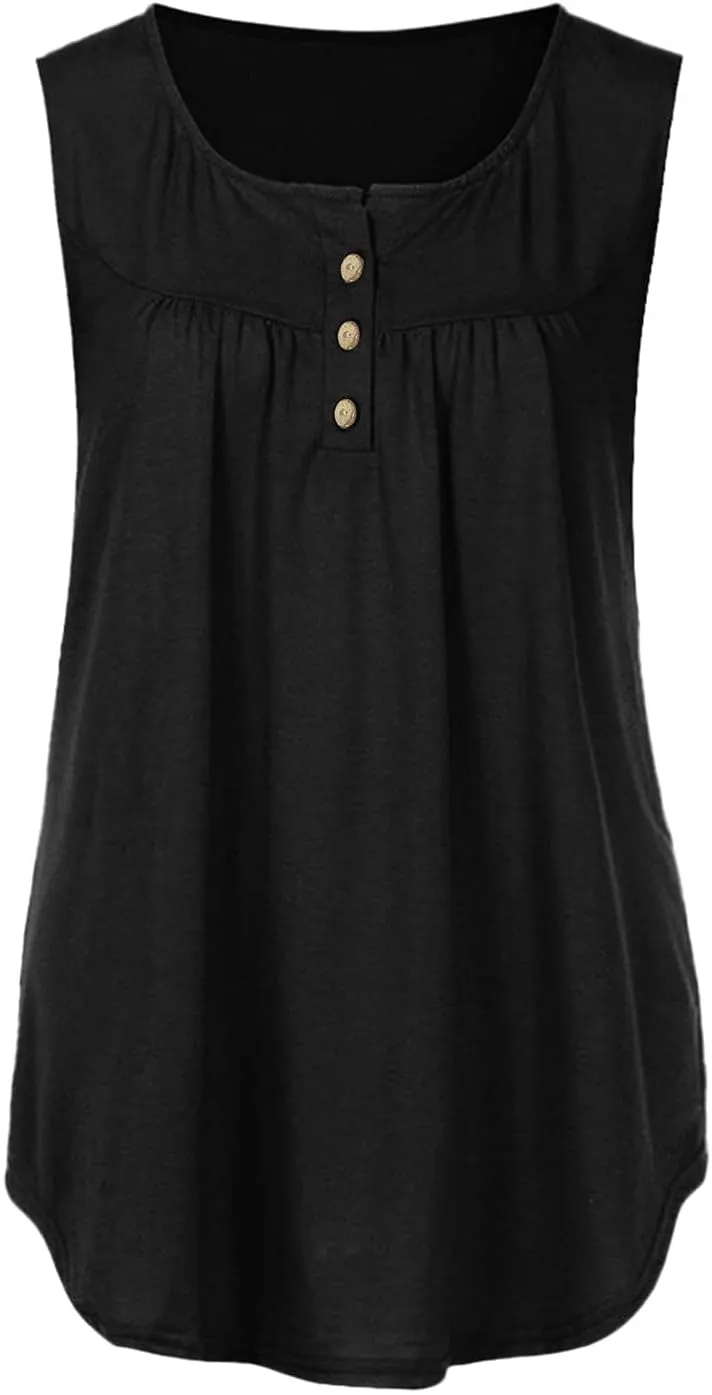 Womens Tank Tops Summer Sleeveless V Neck Vest Casual Button Up Henley Shirts Hide Belly Tunic Pleated Flowy Blouse