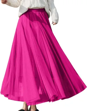 Women's Tulle Maxi Skirts Summer Party Solid Beach Elastic High Waist Pleated A-Line Flowy Swing Long Maxi Skirts
