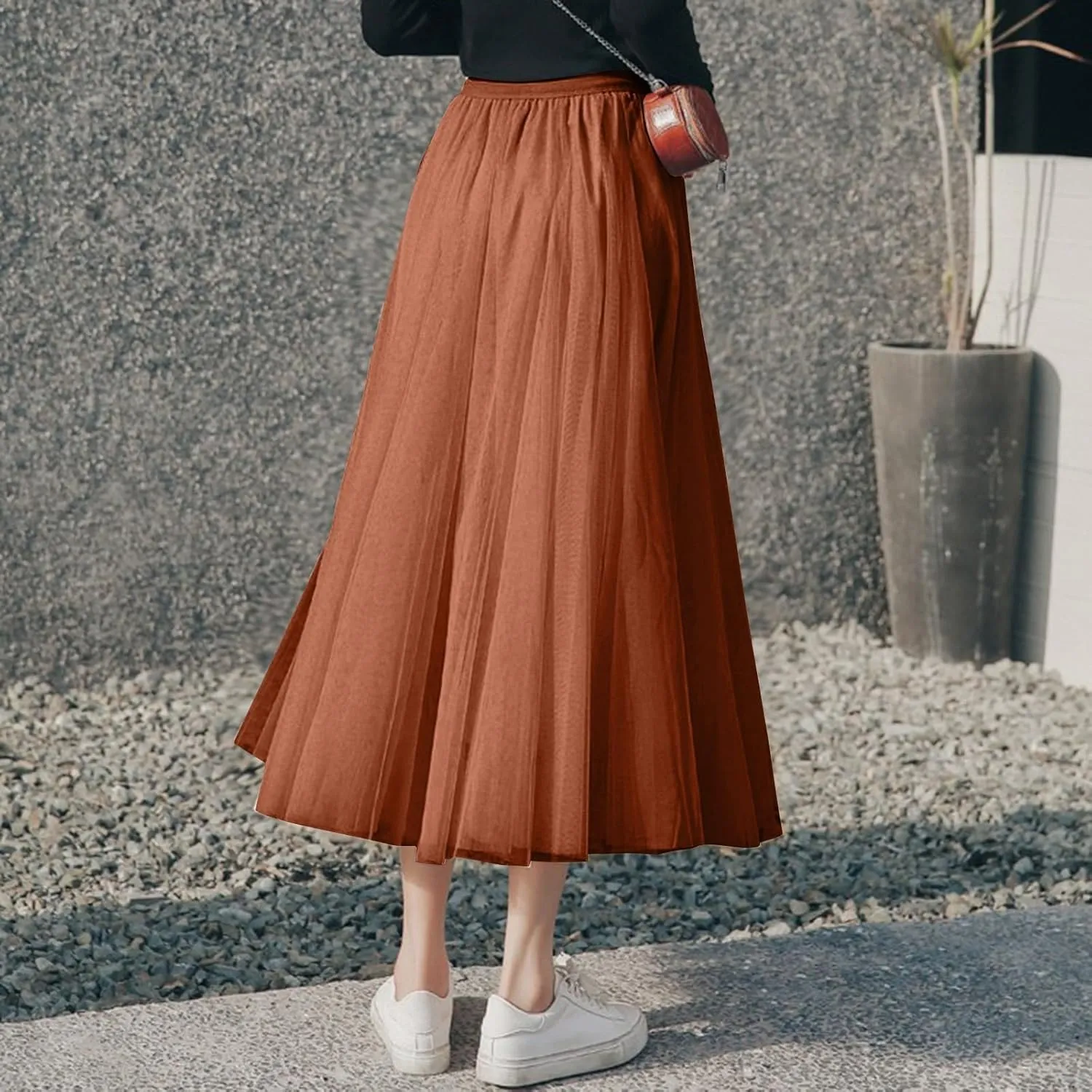 Women's Tulle Maxi Skirts Summer Party Solid Beach Elastic High Waist Pleated A-Line Flowy Swing Long Maxi Skirts