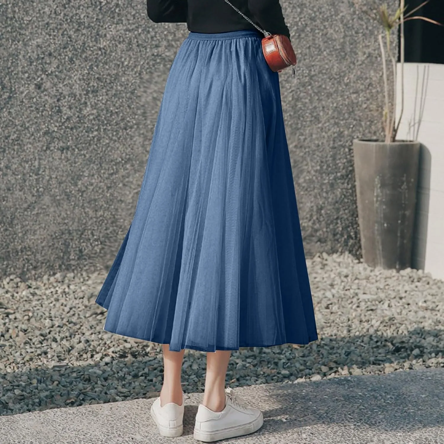Women's Tulle Maxi Skirts Summer Party Solid Beach Elastic High Waist Pleated A-Line Flowy Swing Long Maxi Skirts