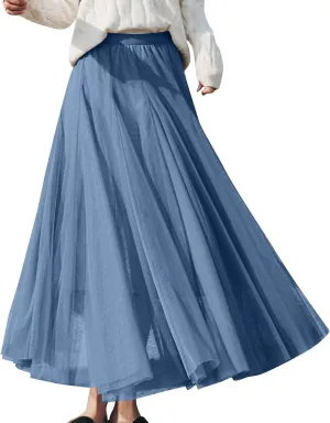 Women's Tulle Maxi Skirts Summer Party Solid Beach Elastic High Waist Pleated A-Line Flowy Swing Long Maxi Skirts