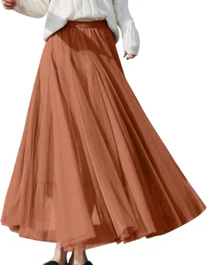 Women's Tulle Maxi Skirts Summer Party Solid Beach Elastic High Waist Pleated A-Line Flowy Swing Long Maxi Skirts