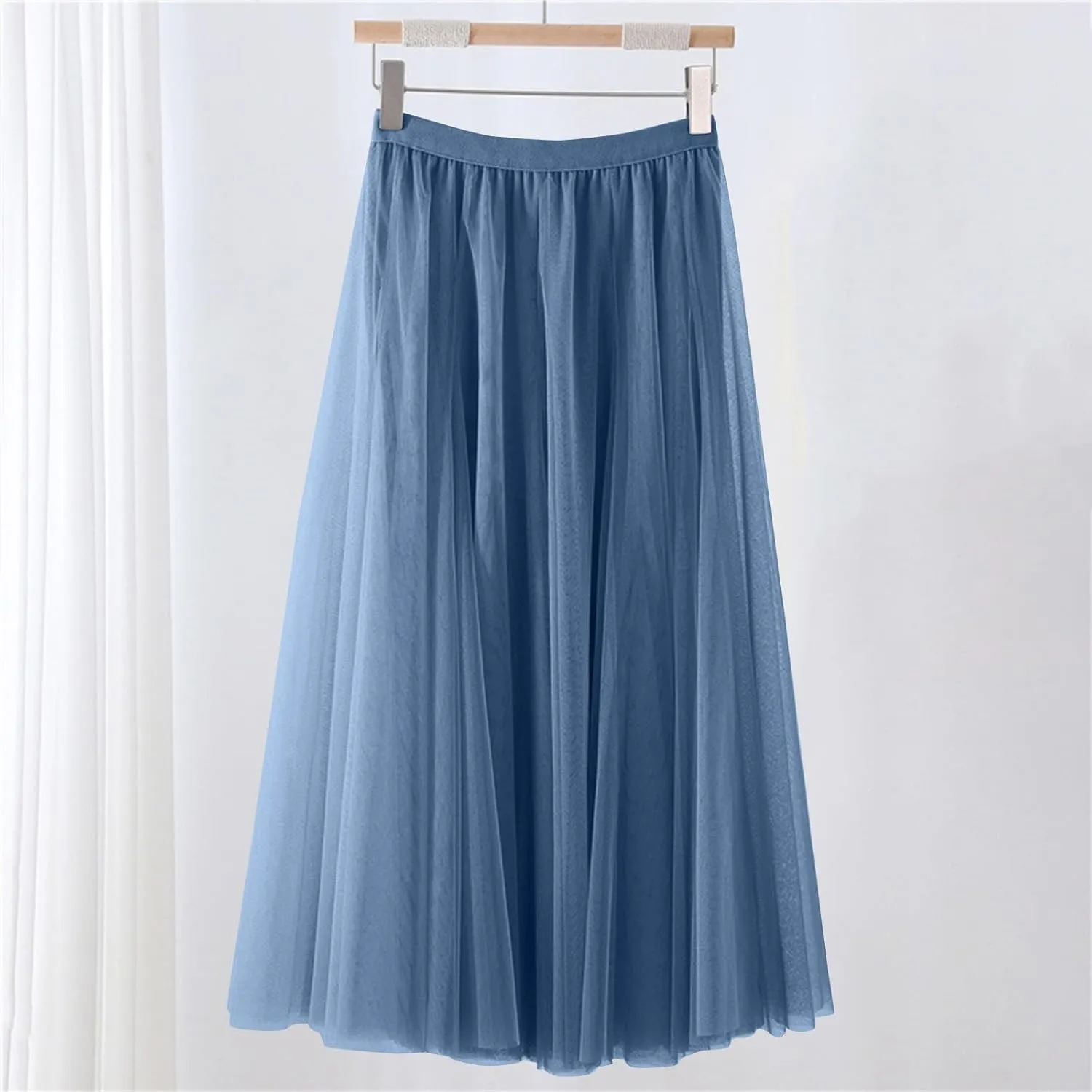 Women's Tulle Maxi Skirts Summer Party Solid Beach Elastic High Waist Pleated A-Line Flowy Swing Long Maxi Skirts