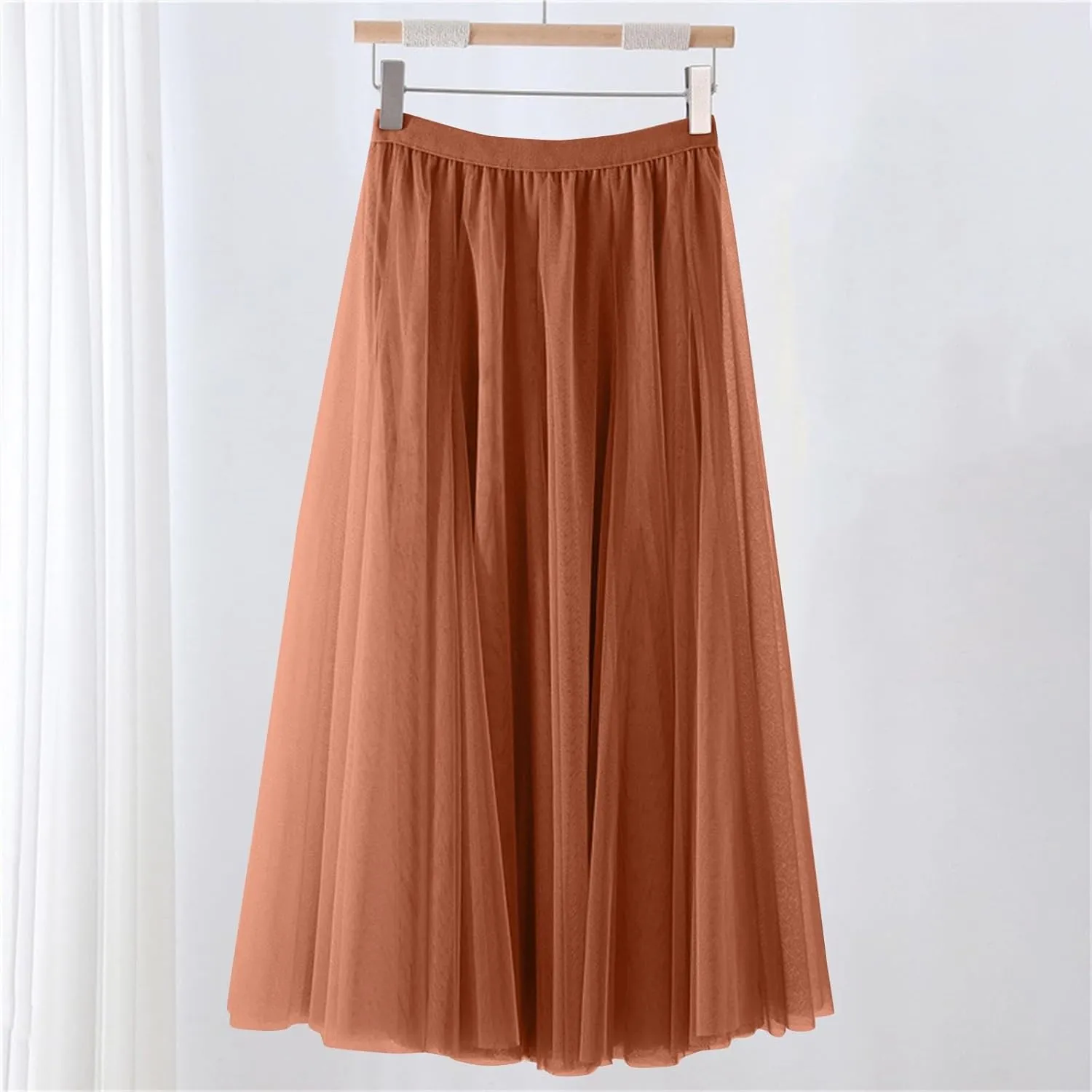 Women's Tulle Maxi Skirts Summer Party Solid Beach Elastic High Waist Pleated A-Line Flowy Swing Long Maxi Skirts