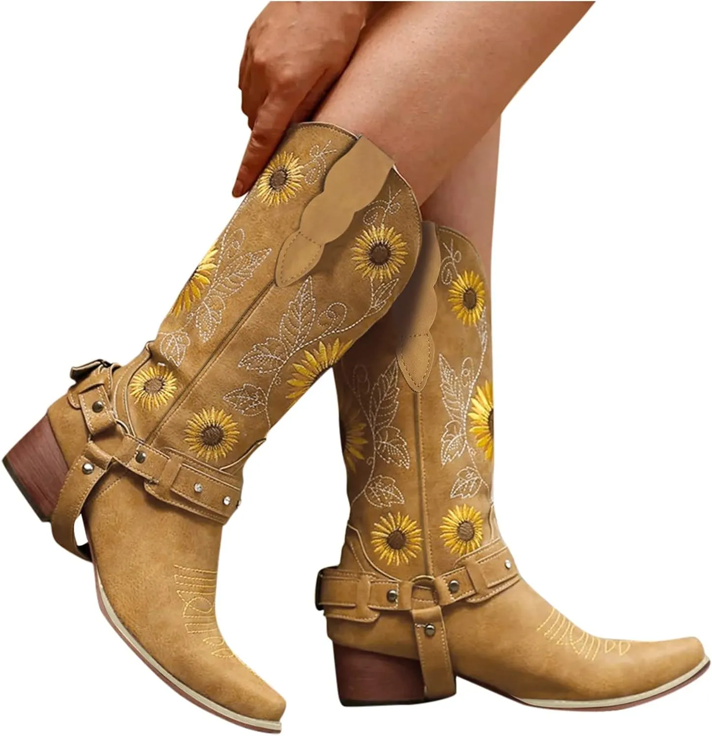Womens Wide Calf Sunflower Cowboy Boots White Cowgirl Boots Short Heel Ladies Cowboy Boots Wide Calf Size 5 Suede Knee High Cowboy Boots for Women Black Winter Boots for Women Mid Calf