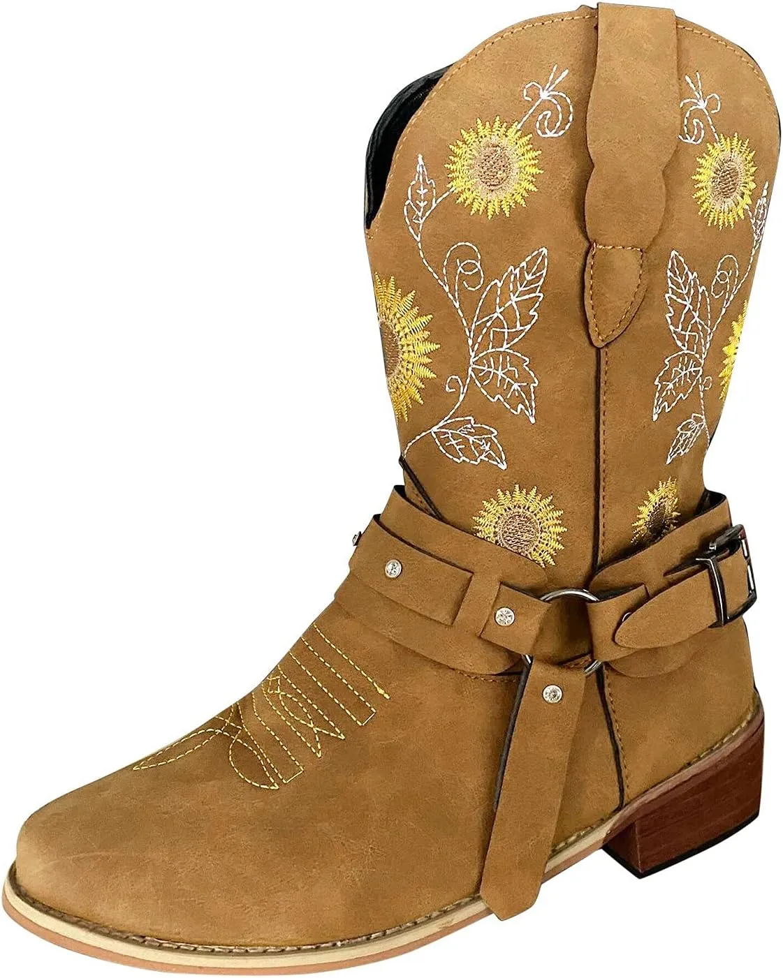Womens Wide Calf Sunflower Cowboy Boots White Cowgirl Boots Short Heel Ladies Cowboy Boots Wide Calf Size 5 Suede Knee High Cowboy Boots for Women Black Winter Boots for Women Mid Calf