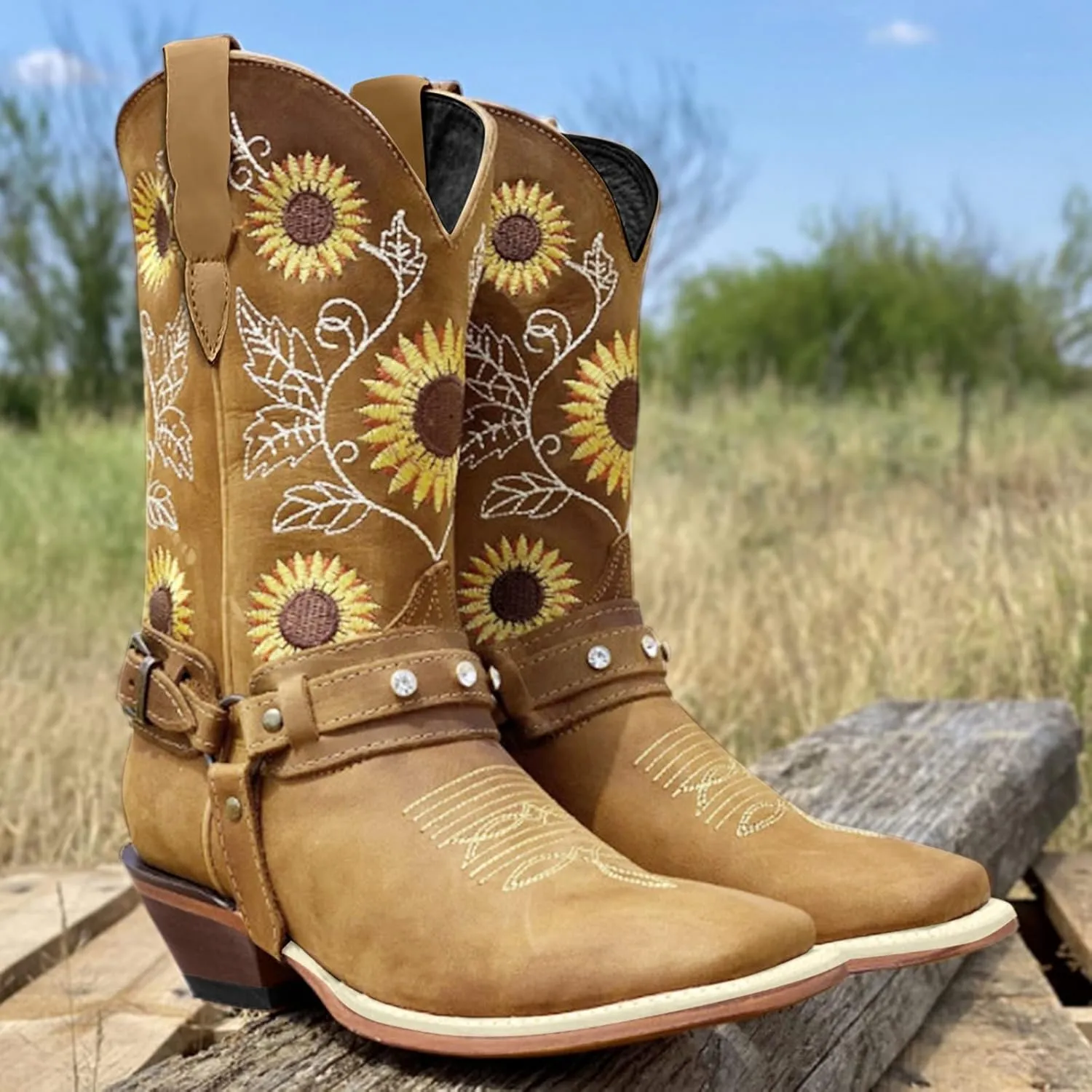 Womens Wide Calf Sunflower Cowboy Boots White Cowgirl Boots Short Heel Ladies Cowboy Boots Wide Calf Size 5 Suede Knee High Cowboy Boots for Women Black Winter Boots for Women Mid Calf