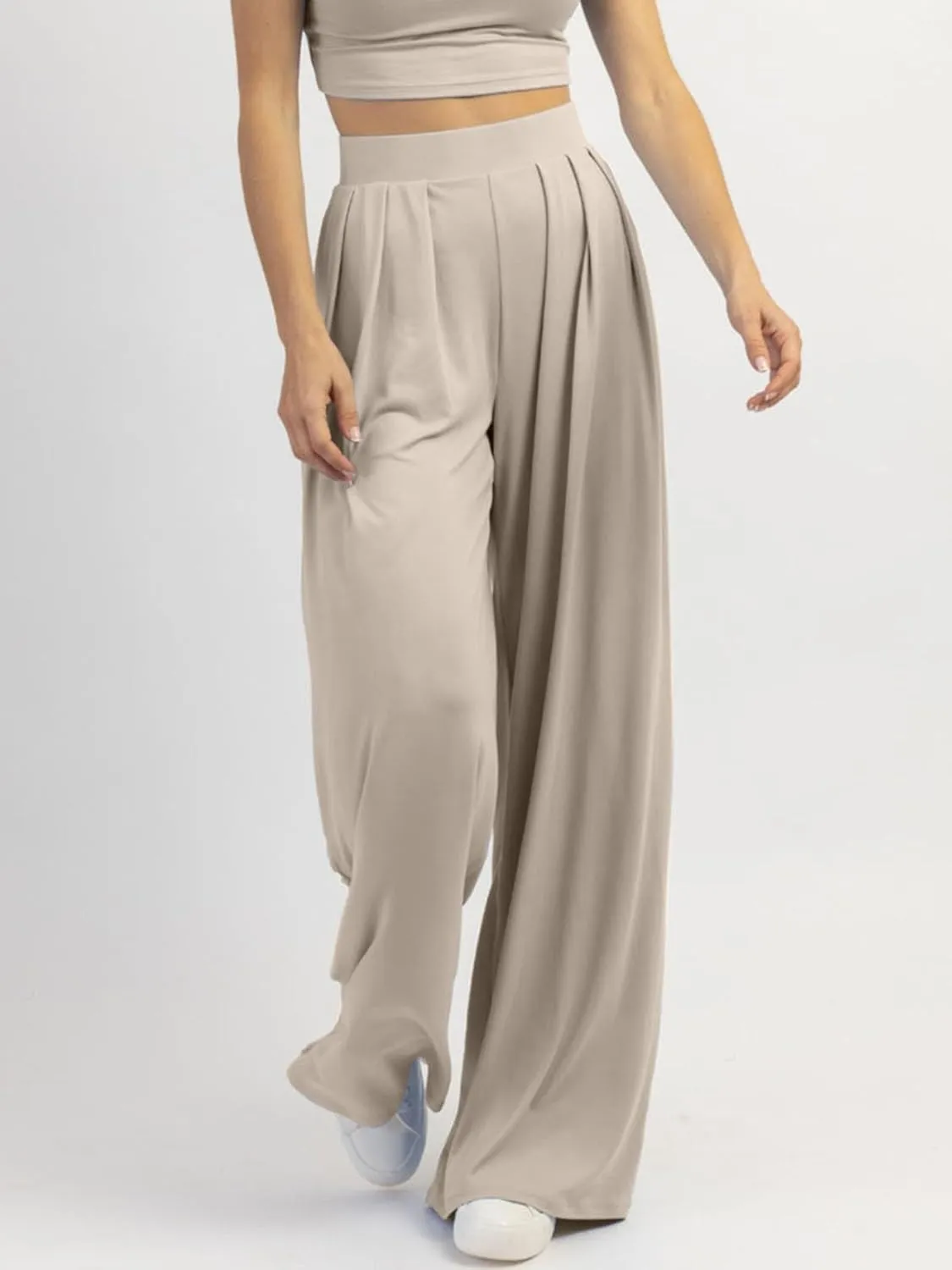 Womens Wide Leg Pants Casual Palazzo Flowy Pleated Trouser Woman Elastic High Waisted Loose Fit Lounge Pant Comfy 2025
