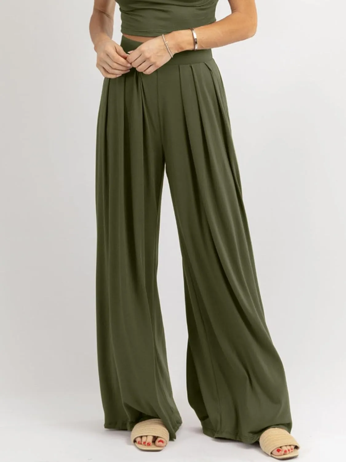 Womens Wide Leg Pants Casual Palazzo Flowy Pleated Trouser Woman Elastic High Waisted Loose Fit Lounge Pant Comfy 2025