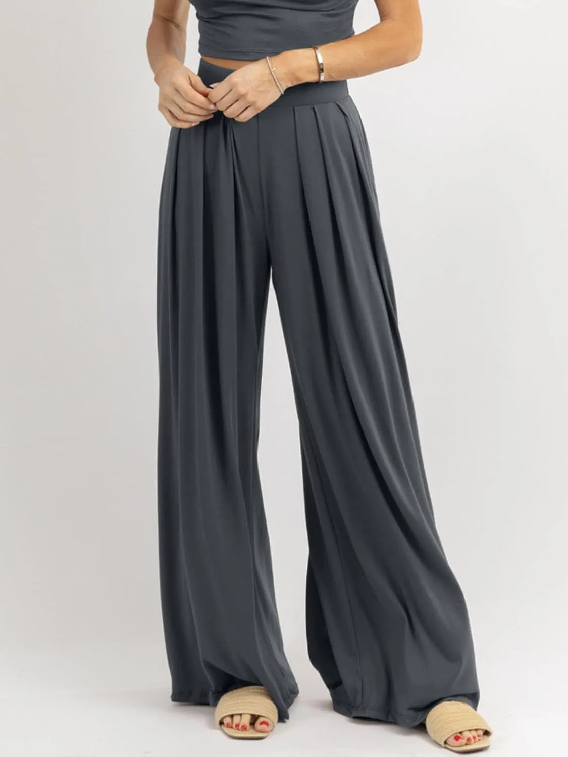 Womens Wide Leg Pants Casual Palazzo Flowy Pleated Trouser Woman Elastic High Waisted Loose Fit Lounge Pant Comfy 2025
