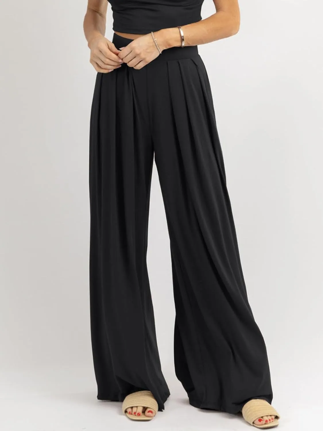 Womens Wide Leg Pants Casual Palazzo Flowy Pleated Trouser Woman Elastic High Waisted Loose Fit Lounge Pant Comfy 2025