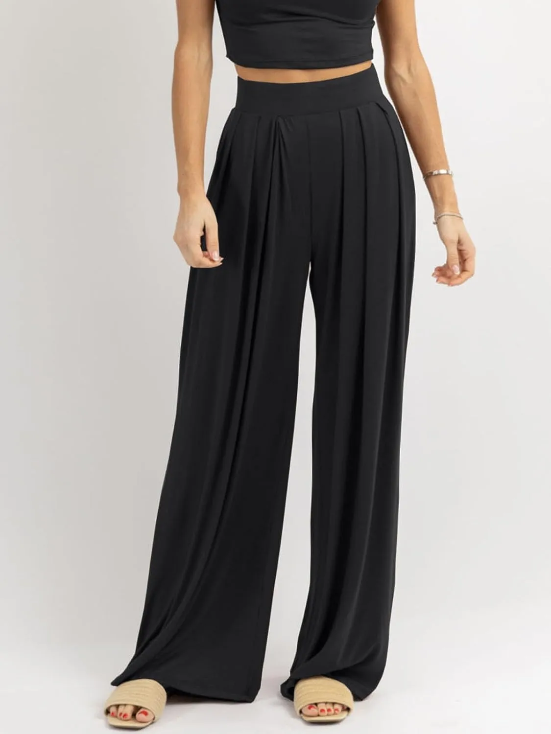 Womens Wide Leg Pants Casual Palazzo Flowy Pleated Trouser Woman Elastic High Waisted Loose Fit Lounge Pant Comfy 2025