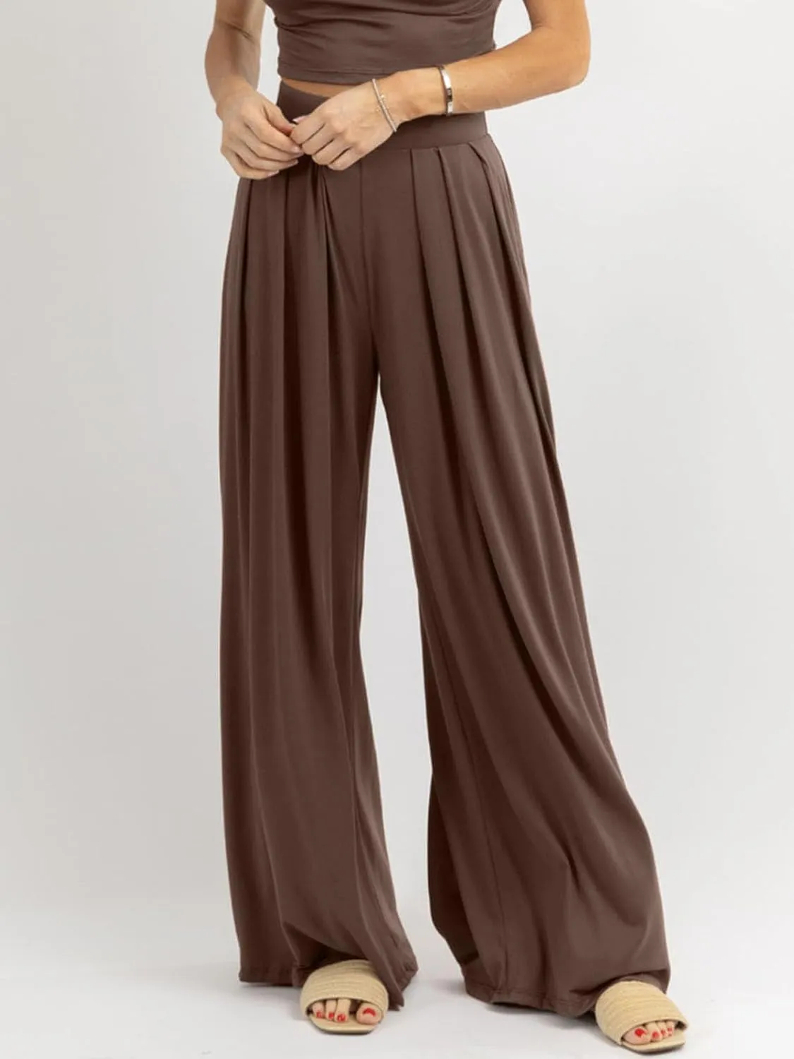 Womens Wide Leg Pants Casual Palazzo Flowy Pleated Trouser Woman Elastic High Waisted Loose Fit Lounge Pant Comfy 2025
