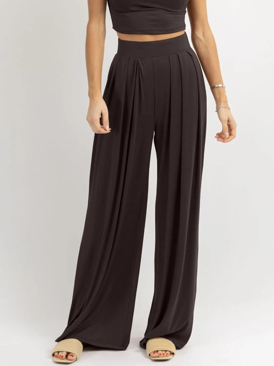 Womens Wide Leg Pants Casual Palazzo Flowy Pleated Trouser Woman Elastic High Waisted Loose Fit Lounge Pant Comfy 2025
