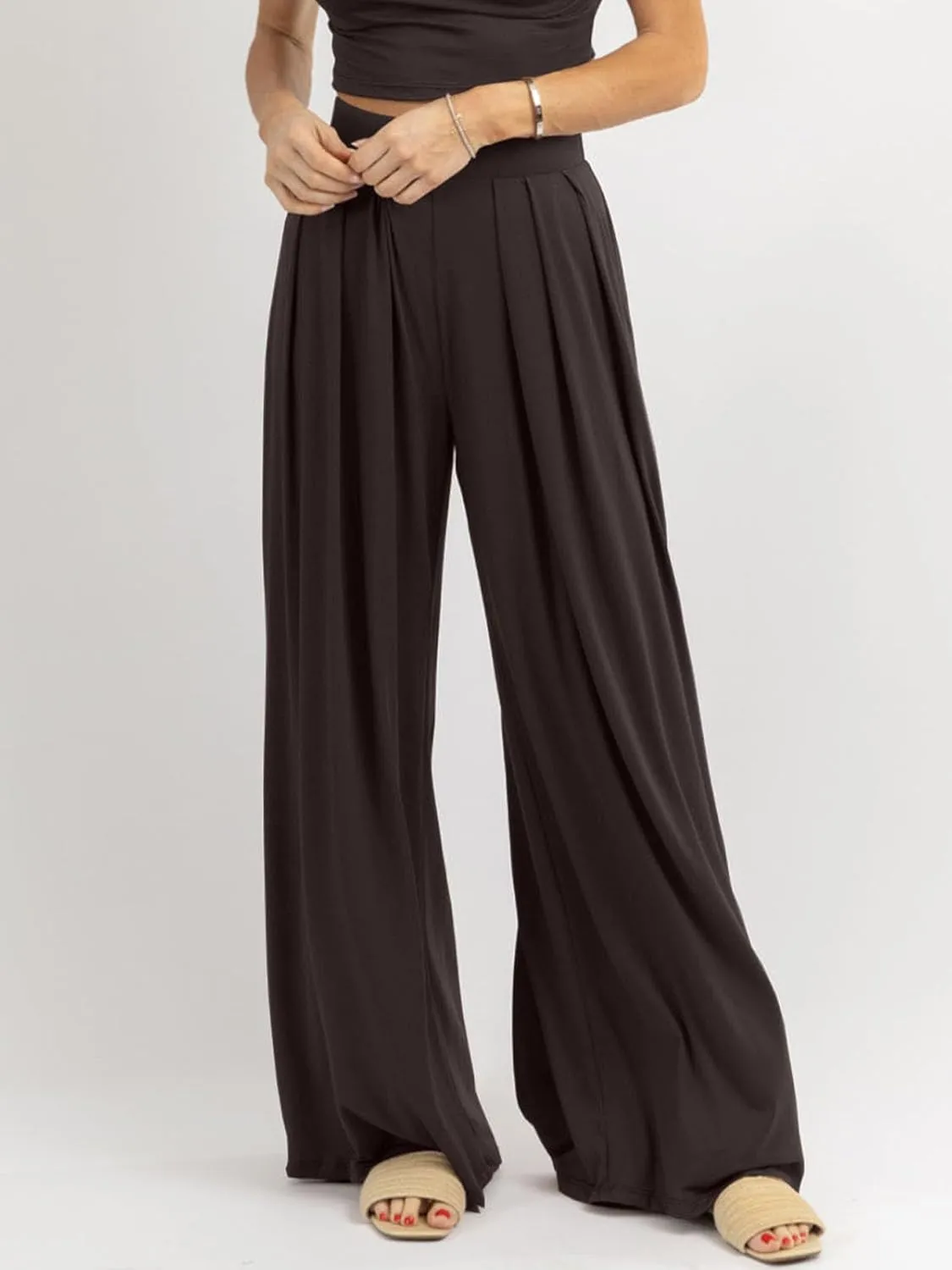 Womens Wide Leg Pants Casual Palazzo Flowy Pleated Trouser Woman Elastic High Waisted Loose Fit Lounge Pant Comfy 2025