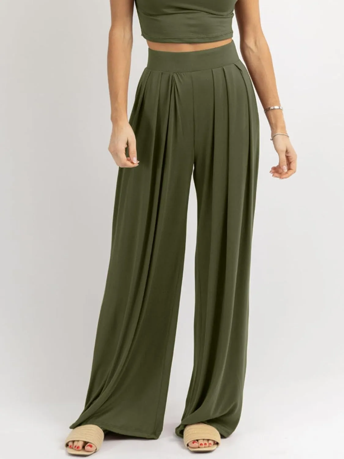 Womens Wide Leg Pants Casual Palazzo Flowy Pleated Trouser Woman Elastic High Waisted Loose Fit Lounge Pant Comfy 2025