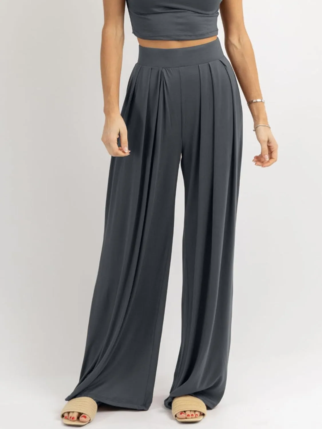Womens Wide Leg Pants Casual Palazzo Flowy Pleated Trouser Woman Elastic High Waisted Loose Fit Lounge Pant Comfy 2025