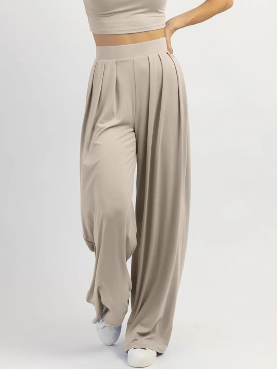 Womens Wide Leg Pants Casual Palazzo Flowy Pleated Trouser Woman Elastic High Waisted Loose Fit Lounge Pant Comfy 2025