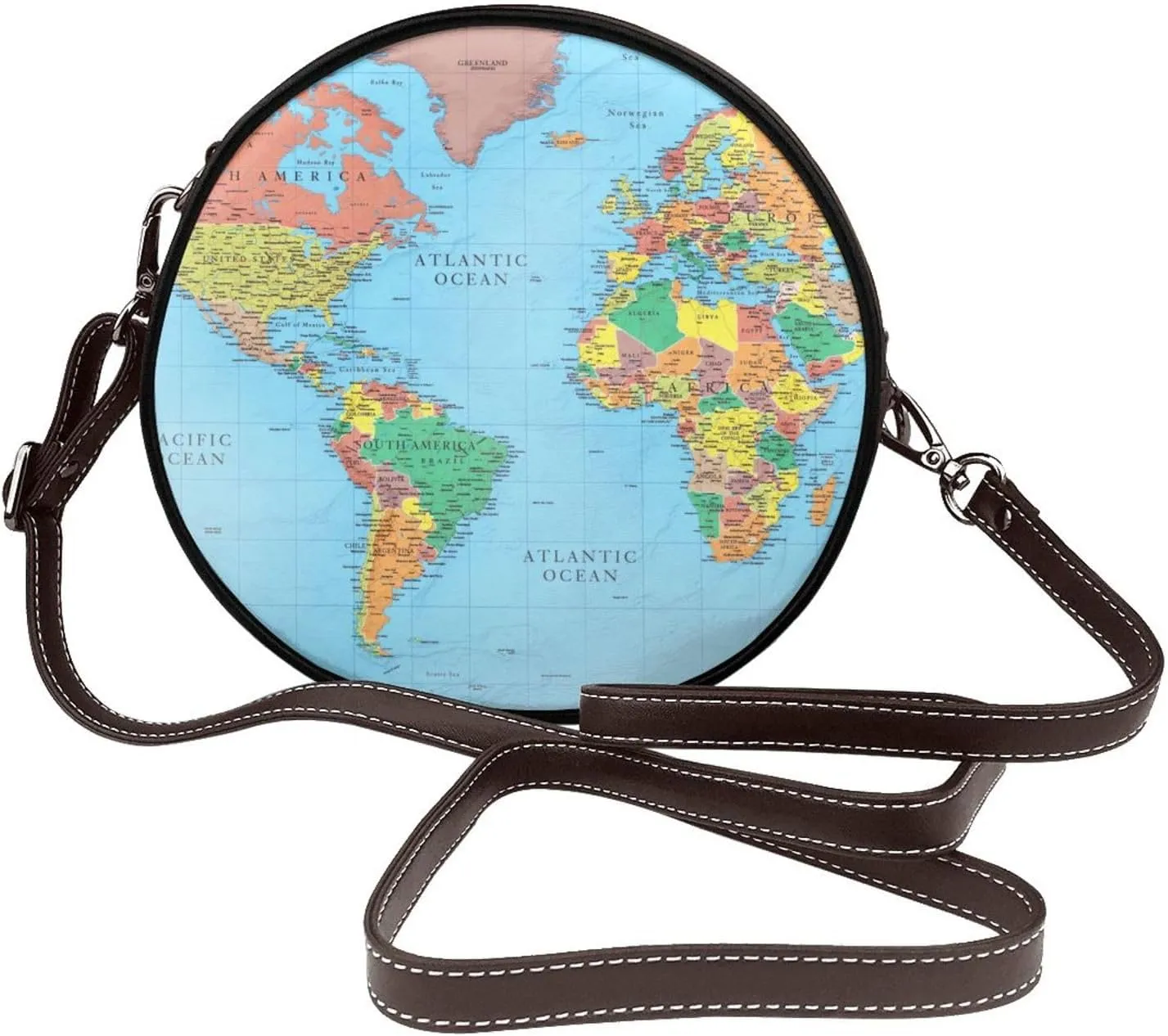 World Map Women'S Leather Shoulder Round Bag, Fashion Wallet Round Crossbody Clutch Bag