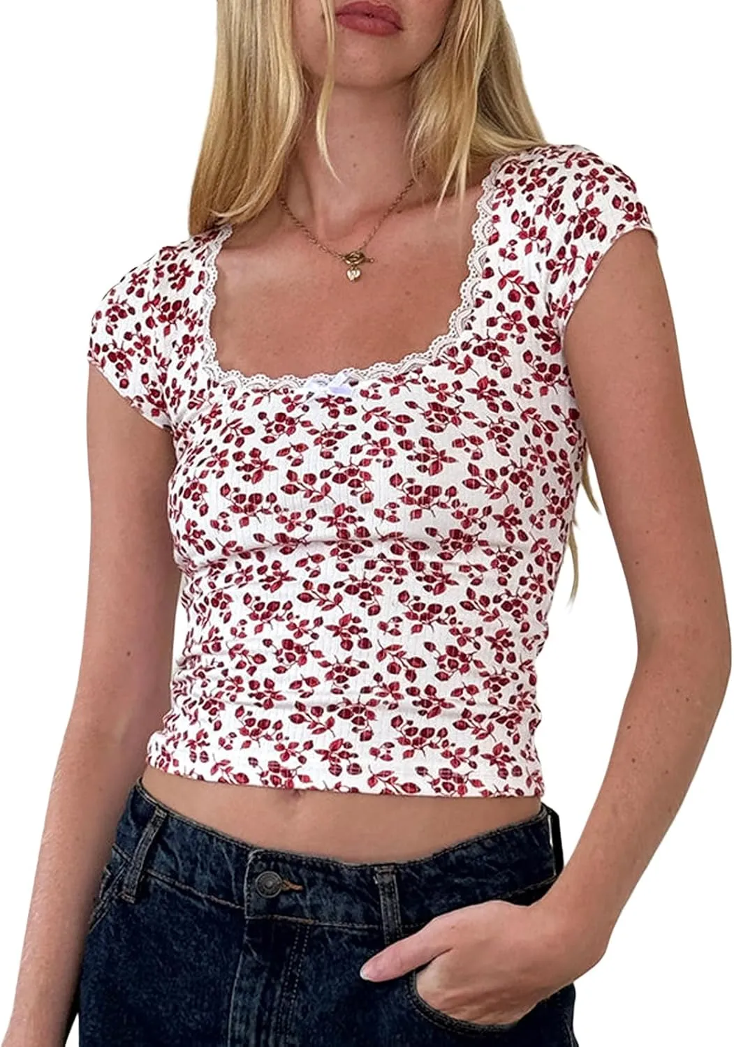 Y2K Square Neck Crop T-Shirt for Women's Short Sleeve Ditsy Flower Print Crop Top Lace Trim Coquettecore
