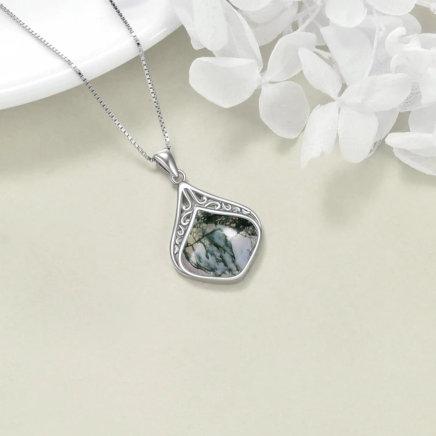YAFEINI Teardrop Necklace Sterling Silver Filigree Irish Pendant Necklace Natural Stone Moonstone/Lapis Lazuli/Larimar/Moss Agate Necklace Jewelry