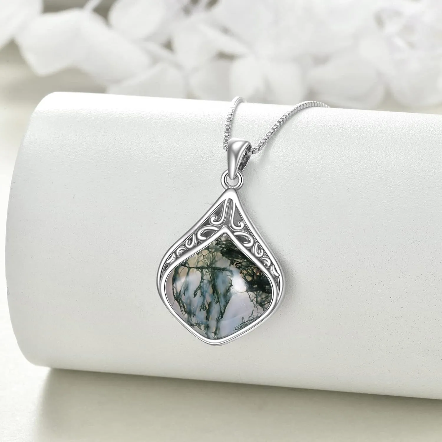 YAFEINI Teardrop Necklace Sterling Silver Filigree Irish Pendant Necklace Natural Stone Moonstone/Lapis Lazuli/Larimar/Moss Agate Necklace Jewelry