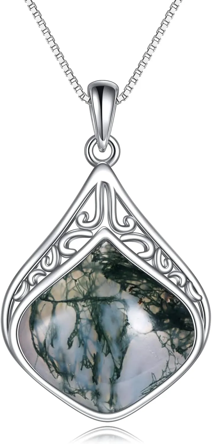 YAFEINI Teardrop Necklace Sterling Silver Filigree Irish Pendant Necklace Natural Stone Moonstone/Lapis Lazuli/Larimar/Moss Agate Necklace Jewelry